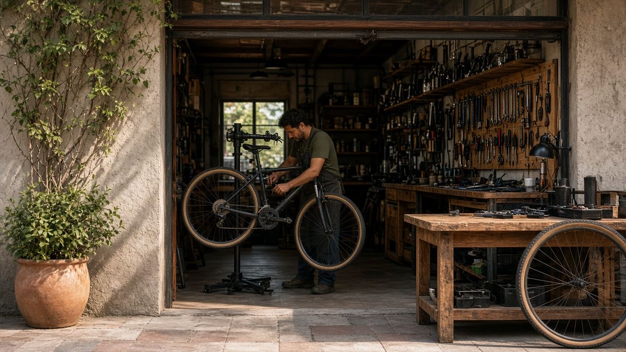 Bike repair shop workspace at Palelinfoi Cycles